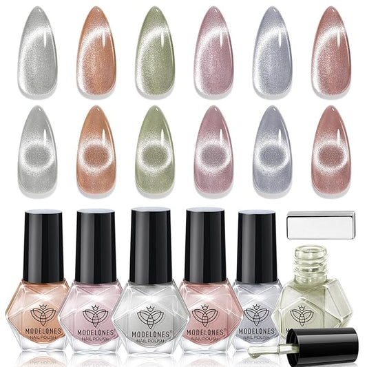 modelones Cat Eye Nail Polish Set, 6 Colors Magnetic Silver Pink Red Purple Quick Dry Mini Nail Lacquer Kit, Green Orange Blue Long Lasting Manicure Home DIY Fall Gifts for Women Girls