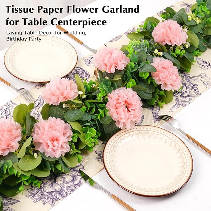 Tissue Paper Pom Pom Garland Hanging Paper Flower Decorations for Wedding Baby Shower Engagement Garden Tea Party Bridal Shower Spring Summer Wall Decor Nursery Arch Backdrop