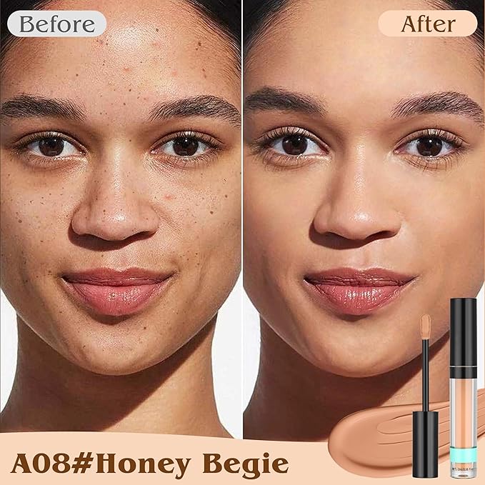 Full Coverage Liquid Concealer, Foundation Makeup for Older Women, Cover Blemishes & Under-Eye Circles, Spots, Matte Finish, Hydrating Primer for Correct, 0.06floz,Vegan & Cruelty-Free 08#Honey Begie