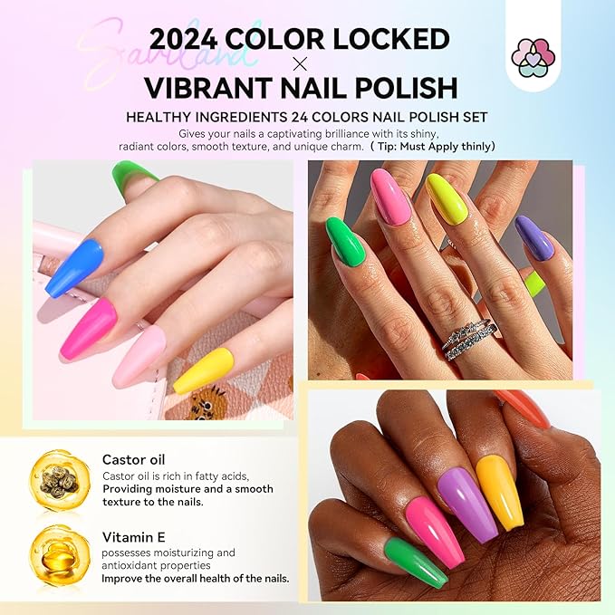 SAVILAND Nail Polish Set Quick-Dry: 24 Summer Color Regular Nail Polish Kit Pink Red Yellow Neon Glitter Nails Polish Non Gel Castor Oil Vitamin E Nail Lacquer Home Set Women