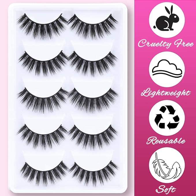 Veleasha Lashes 5D Faux Mink Lashes 100% Handmade Wispy Lashes Charming Luxurious Fake Eyelashes Lightweight Fluffy False Eyelashes 5 Pairs Pack (5D04)