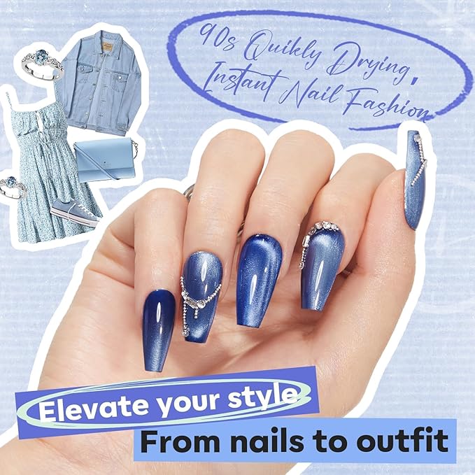 modelones Blue Nail Polish, 6 Colors Cat Eye Glitter Gray Shimmer Holographic Clear Quick Dry Mini Starter Set, Long Lasting Art DIY Manicure Kit at Home for Women