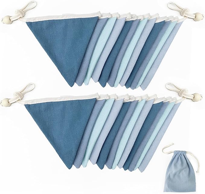 2 Strings Blue Pennant Banner Flags Nursery Garland Royal Linen Fabric Triangle Bunting Streamers for Baby's Room Decor Kids Boys Nautical Birthday Baby Shower Boho Wedding Event Party Decorations
