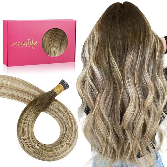 WENNALIFE I Tip Hair Extensions Human Hair, 50g 100s 14 Inch Ombre Walnut Brown to Ash Brown and Bleach Blonde Remy Itip Human Hair Extensions Invisible Itips Straight I Tips Fusion Extensions Real