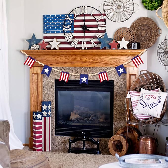 5.1 FT 4th of July Patriotic American Flag Wood Bead Garland Banner - Independence Day Decorations for Fireplace Mantle, Red White Blue Decor for Memorial Day, Veterans Day & Party Supplies