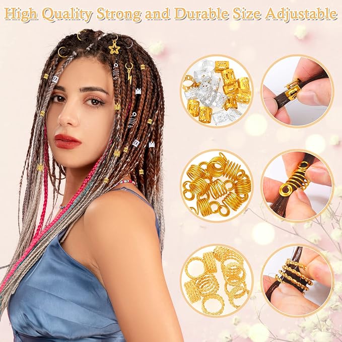 294Pcs Hair Jewelry for Braids Loc Jewelry for Hair Dreadlocks, Braid Accessories for Women Men, Gold Braid Accessories with Cuffs Charms Pendants