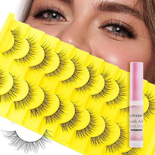 Strip Lashes Kit Natural False Eyelashes With Lash Glue Soft 10 Pairs Fake Eyelashes Strip Eyelashes Kit by GEMERRY