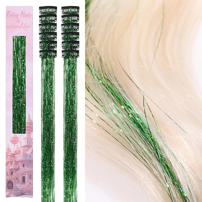WENNALIFE Hair Tinsel kit for Girls, Clip in Green, 12PCS 24 Inch Hair Accessories for Women Clip in Colorful Glitter Tinsel Hair Fairy Girls Accessories for Kids