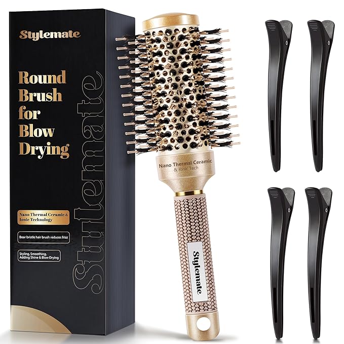 Round Hair Brush for Blow Out, 1.7 Inch, Nano Thermal Ceramic & Ionic Tech, Boar Bristle, Roller Brush for Blow Drying and Styling, Includes 4 Free Clips, Gold