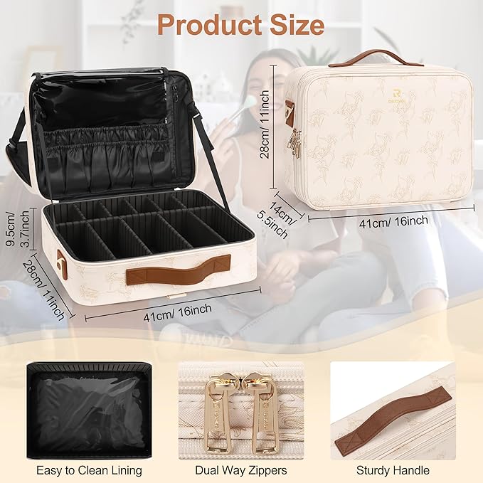 Relavel Large Makeup Case, Professional Makeup Artists Bag with Adjustable Dividers, Waterproof & Portable Train Case Storage Organizer Box with Shoulder Strap