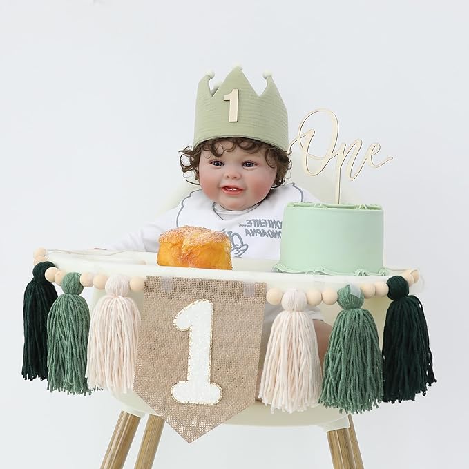 1st Green High chair Banner Wood Bead Tassel Garland Crown Hat Wooden Cake Topper Birthday Party Decorations