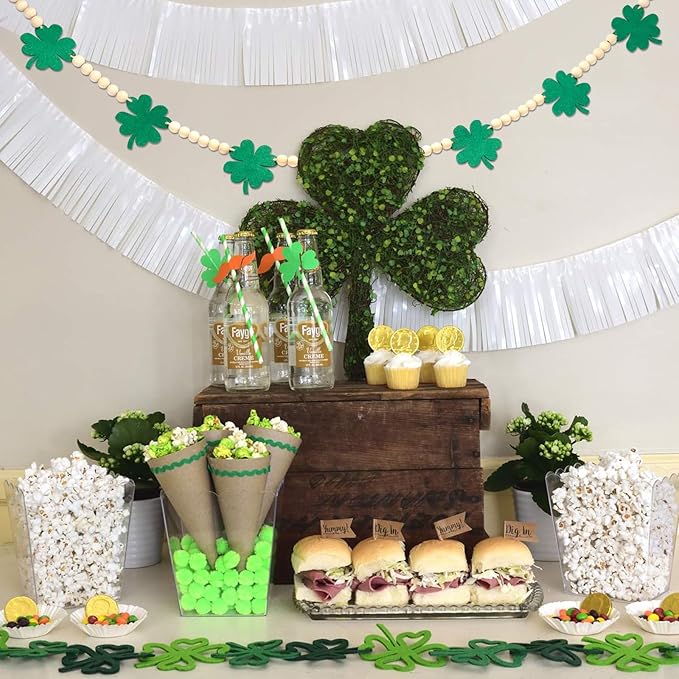 St. Patrick's Day Decorations, Felt Shamrocks Wood Bead Garland Banner for St. Patrick's Day Decor