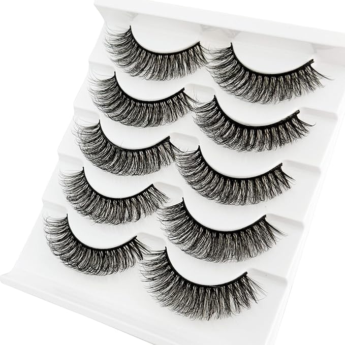 Short Thick Lashes Natural Look D Curl Eyelashes that Look Like Extensions 5 Pair Fluffy Mink Wispy Cat Eye Strip False Volume Lash Pack 8-14mm Full Mega Double Stacked Eyelash Small Fake Lashes