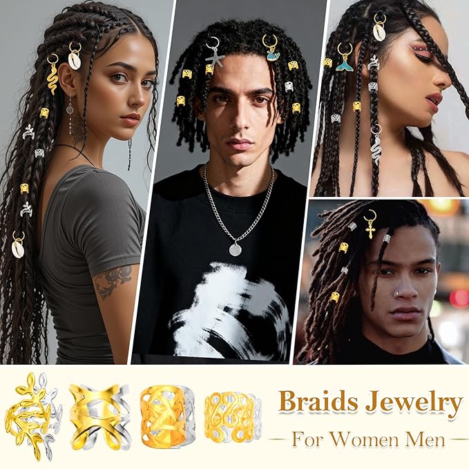 305PCS Gold Silver Hair Jewelry for Braids, Loc Jewelry for Hair Dreadlocks Braid for Women Men, Hair Cuffs Rings Charms Pendants Clips Dreadlock Decoration Accessories for Braided Hairstyles