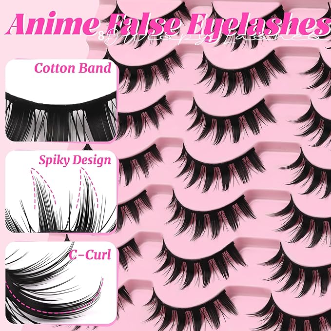 Veleasha Lashes Manga Spiky Natural Eyelashes Kit with Waterproof Lash Glue and Lash Tweezers Anime False Eyelashes 14 Pairs 3D Soft 100% Handmade Fairy Manhua Lashes (3D11-Kit)