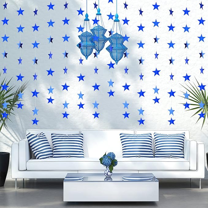 Patelai Glitter Star Garland Banner New Years Decor 130 Feet Star Hanging Banner Twinkle Backdrop for Birthday Classroom Wedding Halloween Christmas Party Supplies(Royal Blue)