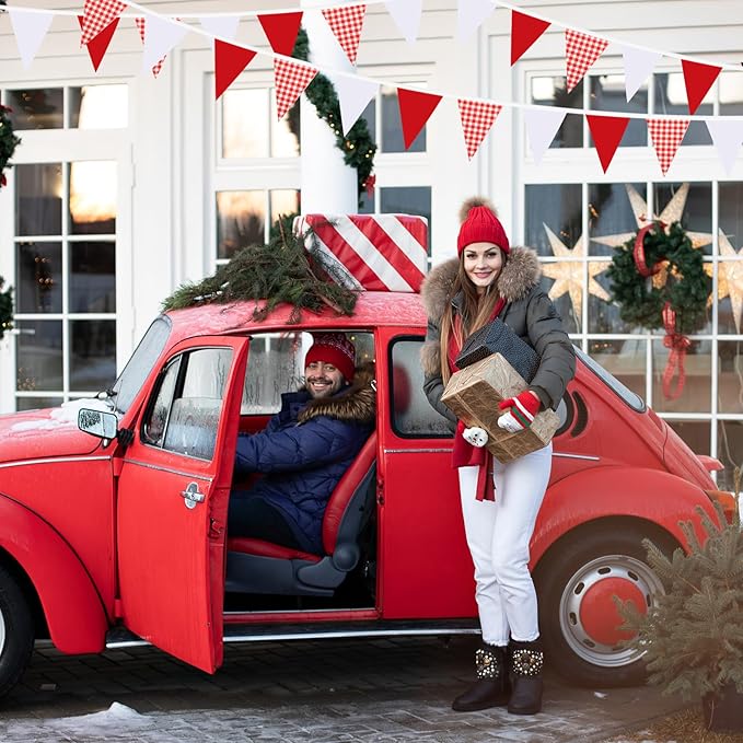 Red Plaid Checkered White Pennant Banner Flag Triangle Bunting Garland Decorations for Wedding Birthday Carnival Christmas Outdoor Home Festivals 33Feet 30 Pcs