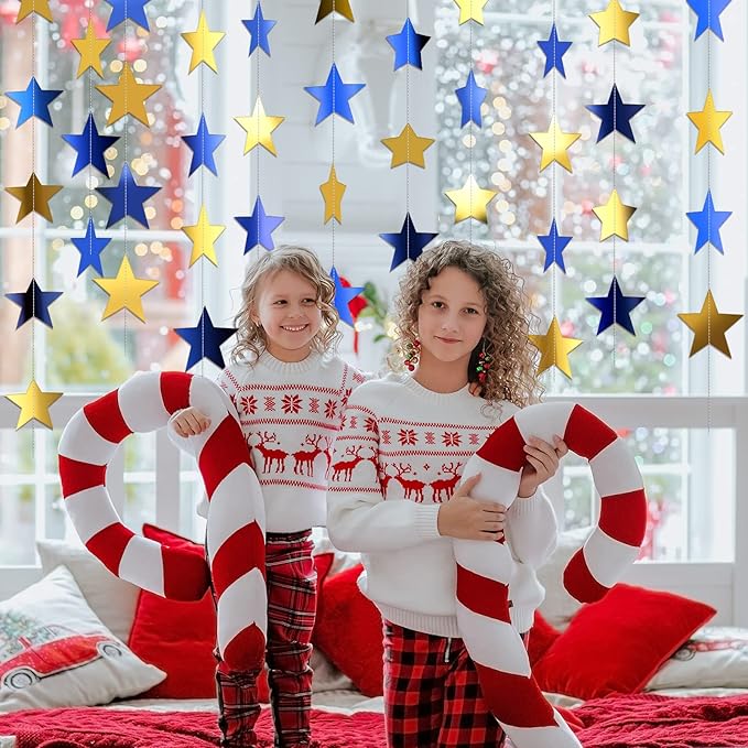 Patelai Glitter Star Garland Banner New Years Decor 130 Feet Star Hanging Banner Twinkle Backdrop for Birthday Classroom Wedding Halloween Christmas Party Supplies(Blue, Gold)