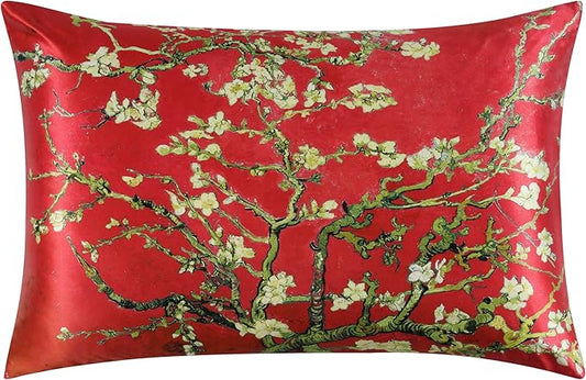ALASKA BEAR Luxury Silk Pillowcase for Beauty Sleep, Genuine 22 Momme Mulberry Silk Pillow Case Slip for Room Decor, Red Cherry Blossom Floral Pattern Printed, Queen Size (1pc, Gift Box)