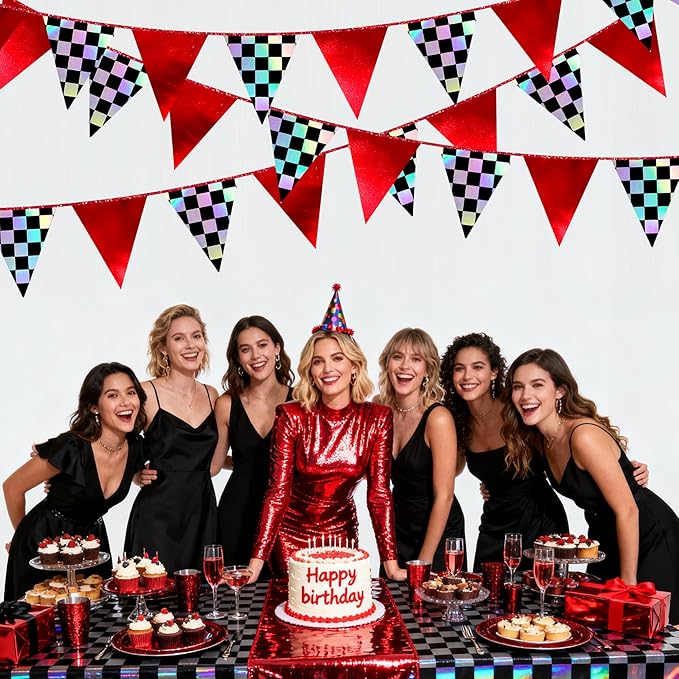 Racing Party Decorations Iridescent Checkered Red Pennant Banner Flag Hanging Paper Triangle Bunting for Kid Boy Men Race Fans Birthday Baby Shower Monster Truck Race Car Party Decorations Supplies