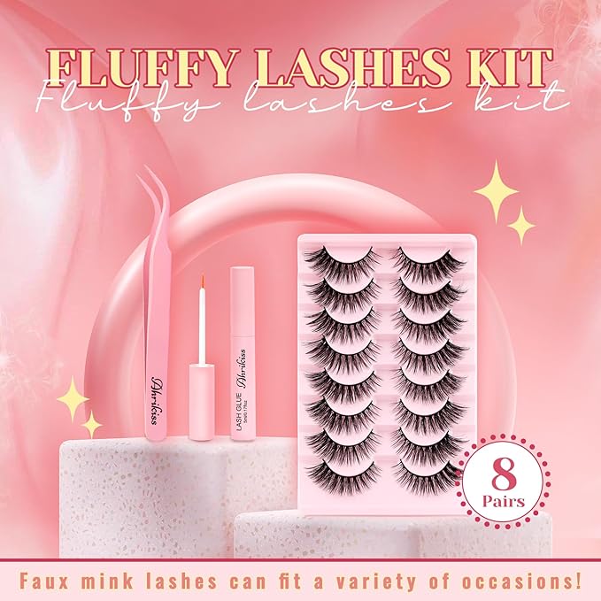 Ahrikiss Lashes Fluffy False Eyelashes Cat Eye Lashes 8 Pairs Faux Mink Lashes Full Strip Lashes Kit with Lash Glue and Lash Tweezers Soft Fake Lashes Lightweight Eyelashes (Fancy)