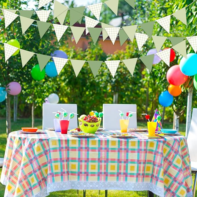 33Ft Green Party Hanging Banner Decoration Green Pennant Plaid Triangle Flag Fabric Bunting Garland for Birthday Wedding Baby Shower Party Supplies