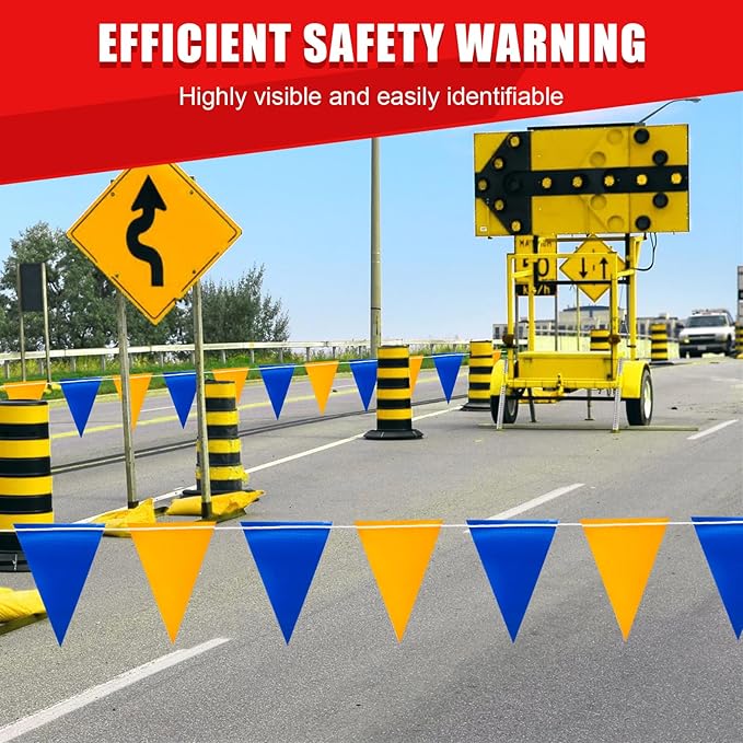 Warning Safety Pennant Banner Flags – Multipurpose 105FT OSHA Bright BLUE/YELLOW Triangle Flags for Construction,Outdoor & Event Hazard Precaution(BLUE+YELLOW,45pcs,105FT)