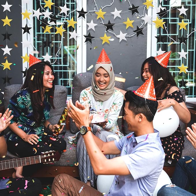 Patelai Glitter Star Garland Banner New Years Decor 130 Feet Star Hanging Banner Twinkle Backdrop for Birthday Classroom Wedding Halloween Christmas Party Supplies(Silver Gold Black)