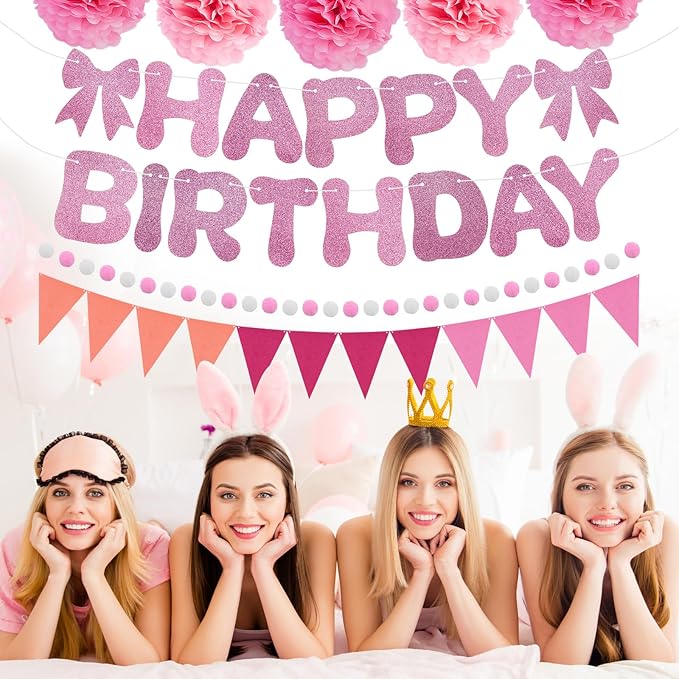Pink Birthday Party Decorations for Women Girls, DIY Happy Birthday Banner Sign, Felt Pennant Banner, Felt Ball Garland, Tissue Paper Pom Poms, Party Decor Supplies for Daughter Wife Girlfriend