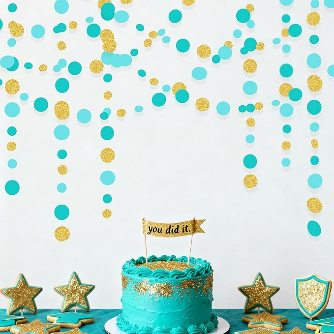 Teal Gold Party Polka Dot Garland Banner Aqua Turquoise Glitter Gold Hanging Paper Circle Dots Streamer for Birthday Baby Shower Wedding Engagement Bridal Shower Retirement Party Decorations Supplies