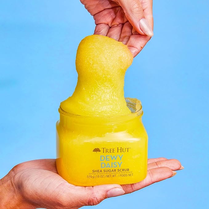 Tree Hut Dewy Daisy Shea Sugar Scrub, Exfoliating, Hydrating & Moisturizing Body Scrub with Shea Butter & Nourishing Essential Oils, Smooth & Soften Skin, 18 oz