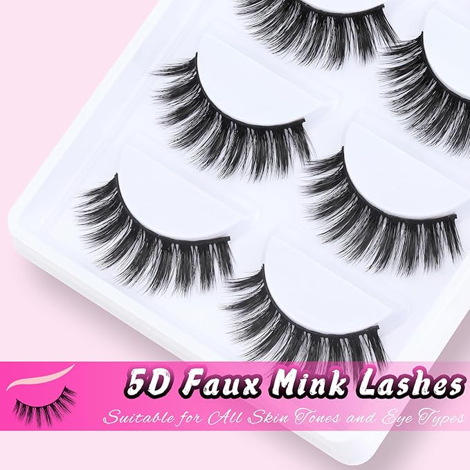 Veleasha Lashes 5D Faux Mink Lashes 100% Handmade Wispy Lashes Charming Luxurious Fake Eyelashes Lightweight Fluffy False Eyelashes 5 Pairs Pack (5D04)