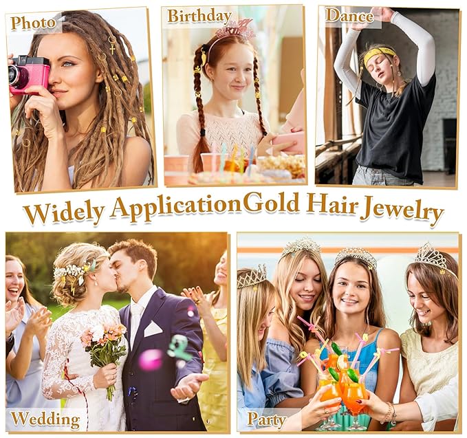 285PCS Gold Hair Jewelry for Braids, Gold Dreadlock Hair Accessories with Pendants Charms, Loc Jewelry for Hair Dreadlocks Rings Cuff Clips Charms for Braid Decoration