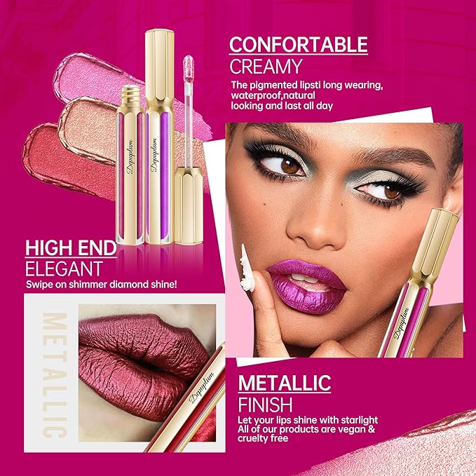 Red Lipsticks for Women Metallic Lipstick Long Lasting Non Stick Cup Lip Gloss, Metal Shine Lightweight Hydrating Full Coverage Lip Color, DP105 Red Riot