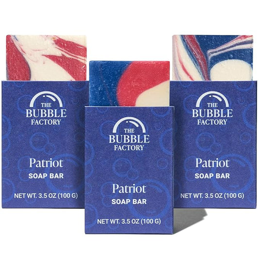The Bubble Factory Handmade Natural Bath & Body Soap Bar, Vegan, All-Natural, Palm Oil Free, Made in USA with Shea Butter + Essential Oils, Patriot, 3 Bars