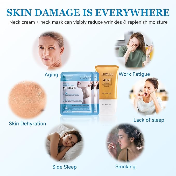SADOER AH-8 Neck Cream and Mask Set 12 Pack Neck Mask & Firming Cream, Contains Hexapeptide, Tightening Lotions, Wrinkle Reducing Care Kit - Includes Travel Pouch, Perfect for Halloween Gifts