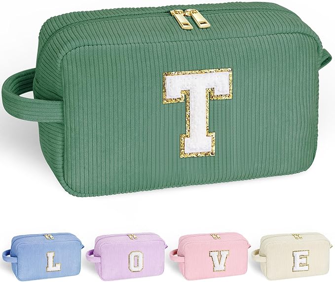 YOOLIFE Makeup Bag for Teen Girls - Cute Travel Makeup Bags Skincare Bag Corduroy Cosmetic Bag Personalized Gifts for Women Her Mom Daughter Sister Birthday Gifts for Women Girls Her Gifts Letter T