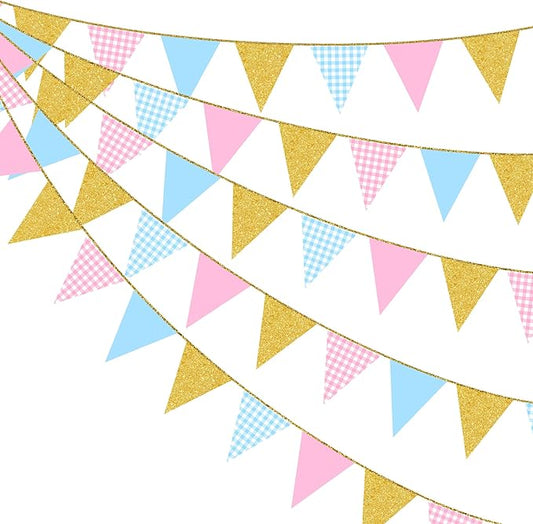 Pink and Blue Buffalo Plaid Gold Party Decorations Pennant Banner Flag Hanging Glitter Paper Triangle Bunting for Boy or Girl Gender Reveal Baby Shower Birthday Wedding Bridal Shower Party Supplies