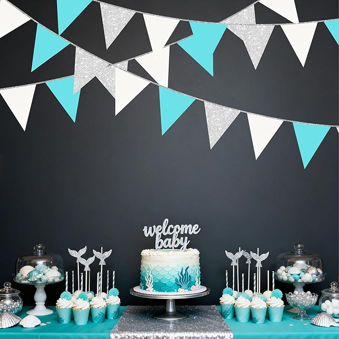 Teal Blue and Silver White Pennant Banner Flag Hanging Glitter Paper Triangle Bunting for Birthday Baby Shower Graduation Bridal Shower Wedding Engagement Turquoise Aqua Party Decorations Supplies