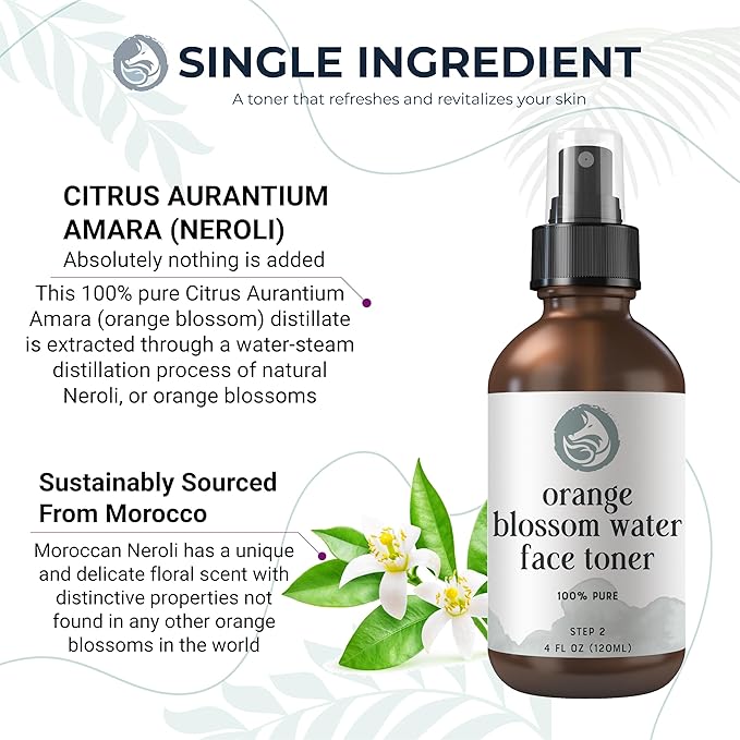 Orange Blossom Water Face Toner - Alcohol-Free Daily Facial Toner Spray 100% Natural for Sensitive Skin Acne and Breakouts - Best to Tone Tighten and Clear Pores - 120mL/4.oz by Foxbrim
