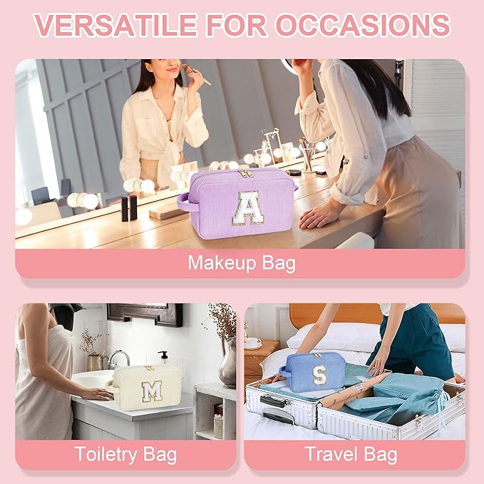 YOOLIFE Birthday Gifts for Women - Gifts for Mom Travel Makeup Bag Cute Pink Makeup Bag Make Up Bag Travel Toiletry Bag Girls Friend Birthday Gifts Bridesmaid Wedding Gift Ideas for Women Letter M