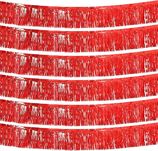 Red Foil Fringe Garland 10FT 6packs, Metallic Foil Tinsel Fringe Banners for Parade Float Decorations Wedding, Birthday Party Graduation (six Red)