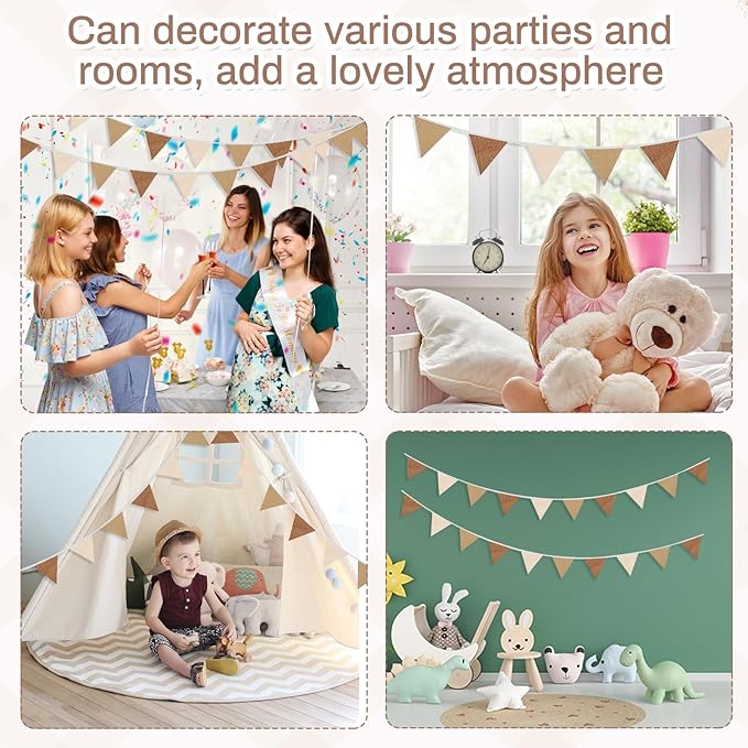 2PCS Pennant Banner Flags, Fabric Bunting Banner Nursery Garland Decor, Baby Shower Garland, Triangle Flags for Baby Boy Room, Playroom, Boho Birthday Party Decor, Each 7.75 ft (Brown White)