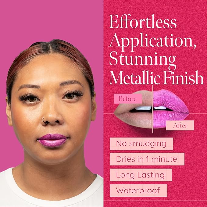 Aromi Metallic Liquid Lipstick | Long-lasting, Fuchsia, Pink Lip Color with Shimmery Finish, Waterproof, Vegan, Cruelty-free, Gluten Free (Moody Magenta)