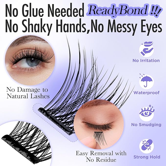 PopUp Self Adhesive Eyelashes Clusters, Press On Lashes Pre Glued Eyelash Extension Kit with Lash Tweezer,10-16mm No Glue No Remover Needed Self Adhesive Lashes Clusters AC01