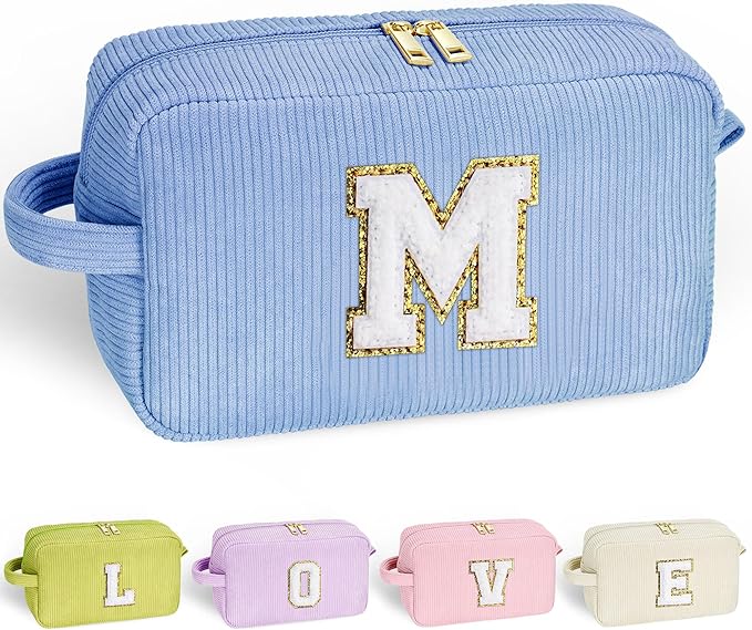 YOOLIFE Birthday Gifts for Women - Gifts for Mom Travel Makeup Bag Cute Blue Makeup Bag Make Up Bag Travel Toiletry Bag Girls Friend Birthday Gifts Bridesmaid Wedding Gift Ideas for Women Letter M