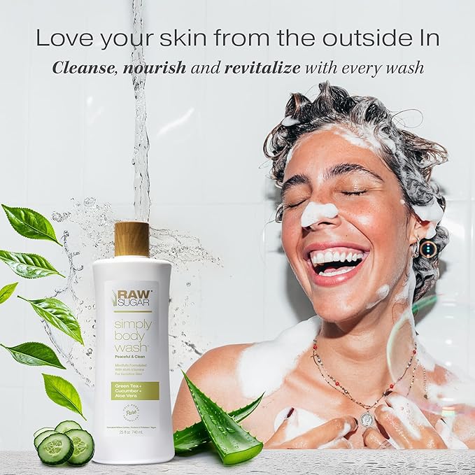 RAW SUGAR Simply Body Wash, (25 Fl Oz, Pack of 1) Bath Soap, Formulated without Sulfates & Parabens (Green Tea + Cucumber + Aloe Vera)