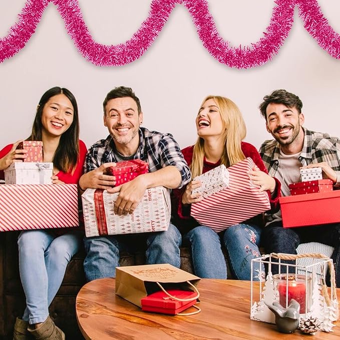 25 Feet Christmas Foil Fringe Banner Metallic Tassle Garland Metallic Backdrop Parade Floats Shiny Hanging Ceiling, Valentine's, Wedding, New Year Party Decorations(4" x 25', Pink)