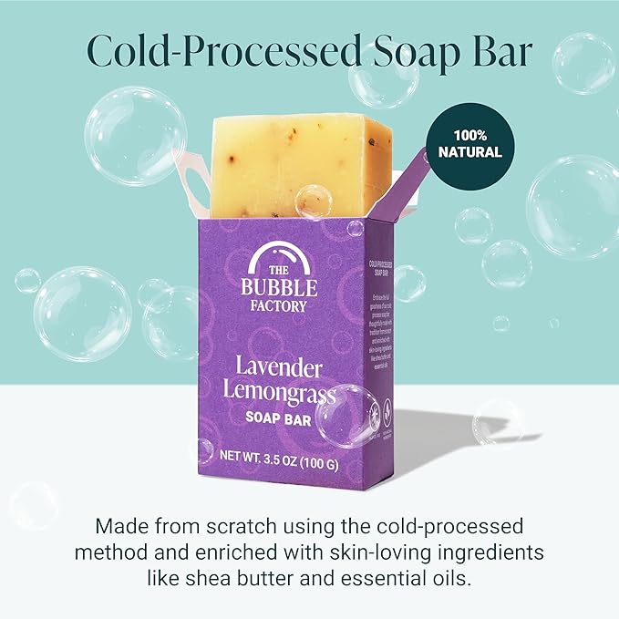 The Bubble Factory Handmade Natural Bath & Body Soap Bar, Vegan, All-Natural, Palm Oil Free, Made in USA with Shea Butter + Essential Oils, Lavender Lemongrass, 3 Bars
