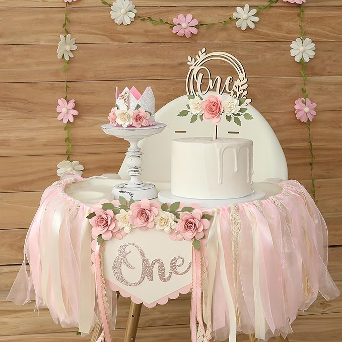 Wildflower 1st High Chair Banner Birthday Decorations For Girl Pink Flower Cake Topper Hat Floral Theme Party Decoration